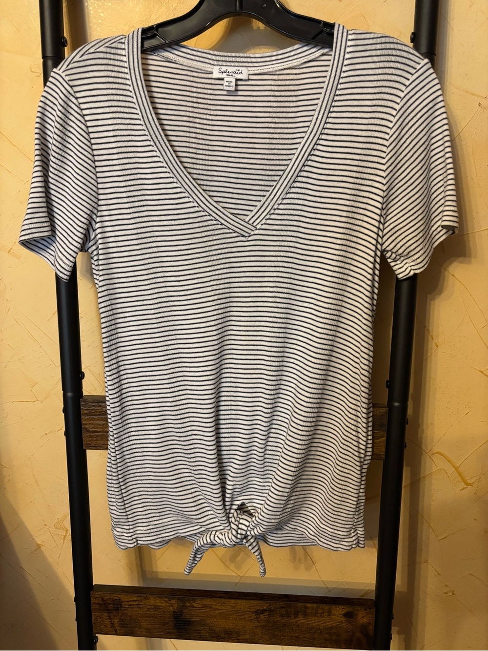 Splendid Size S White & Black Striped V-Neck Tie-Front Tee